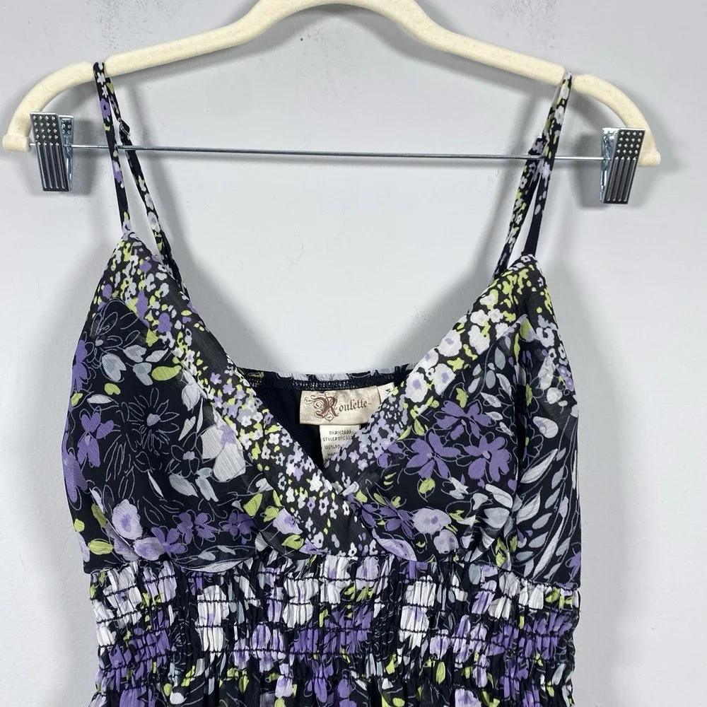 ROULETTE Smocked Black Purple Floral Dress Sz M Y2K Fairy Grunge Whimsigoth Maxi